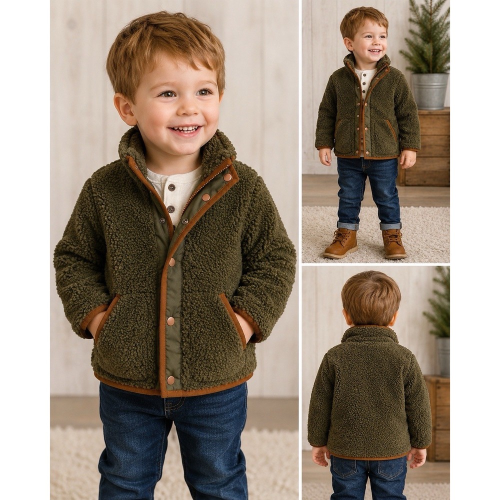Rothschild Toddler 3T Olive Green Sherpa Teddy Fleece Snap Jacket Brown Trim